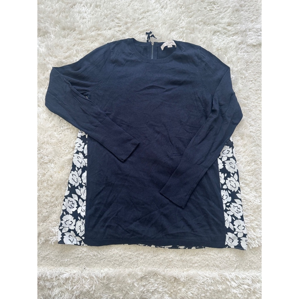 Loft Navy Blue White Floral Knit Sweater XS